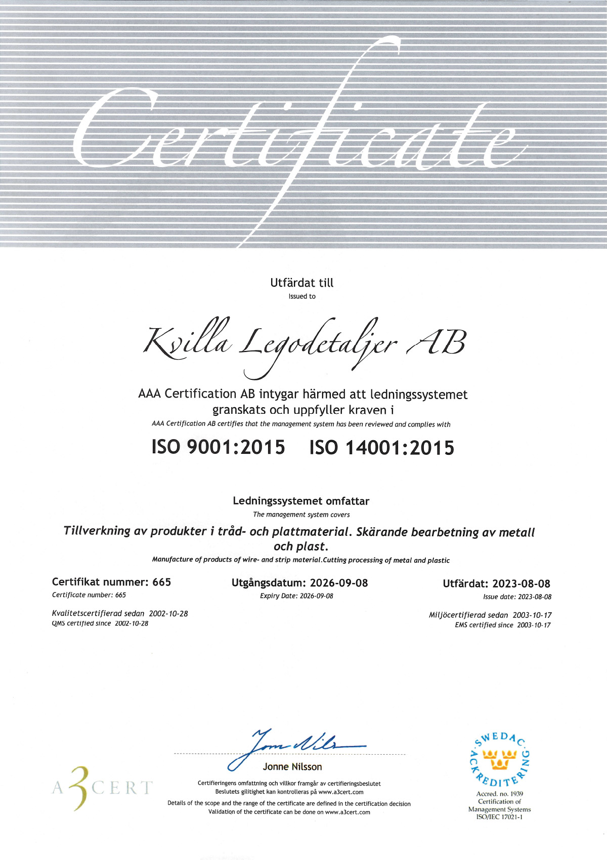 Kvilla Legodetaljer - Certifikat 2023
